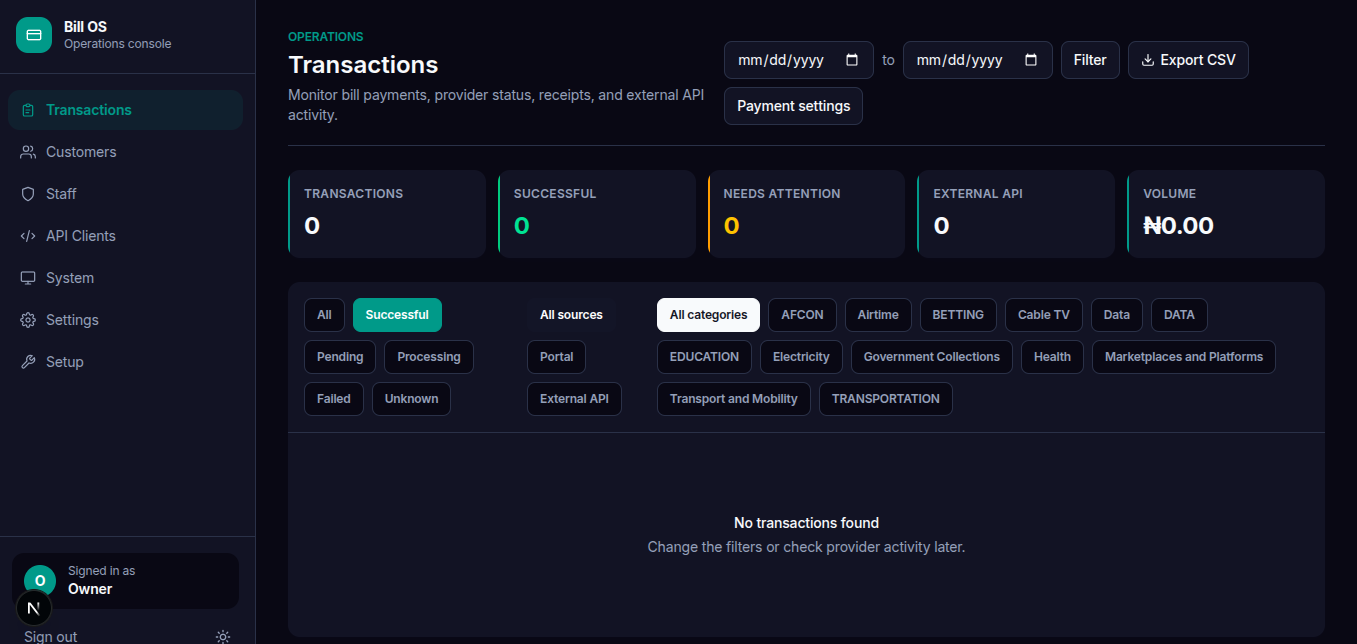 Bill OS admin dashboard in dark mode