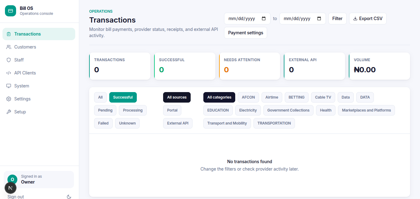 Bill OS admin dashboard in light mode