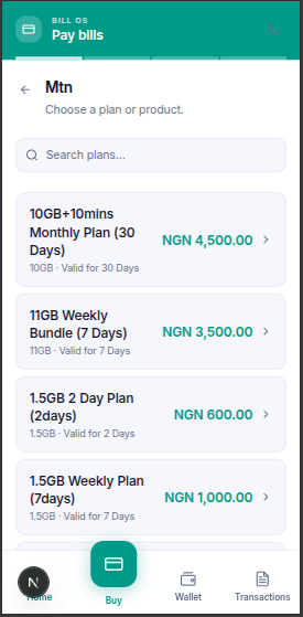 Bill OS mobile data plan selection screen