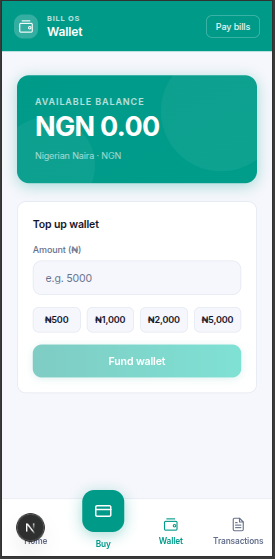 Bill OS mobile wallet funding screen