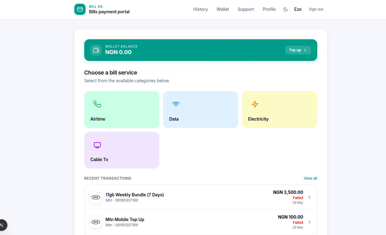 Bill OS customer portal with wallet balance and bill categories